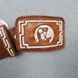 Embroidered Leather Belt Unisex Size XL Brown Cream Southwestern Mexico Cowboy